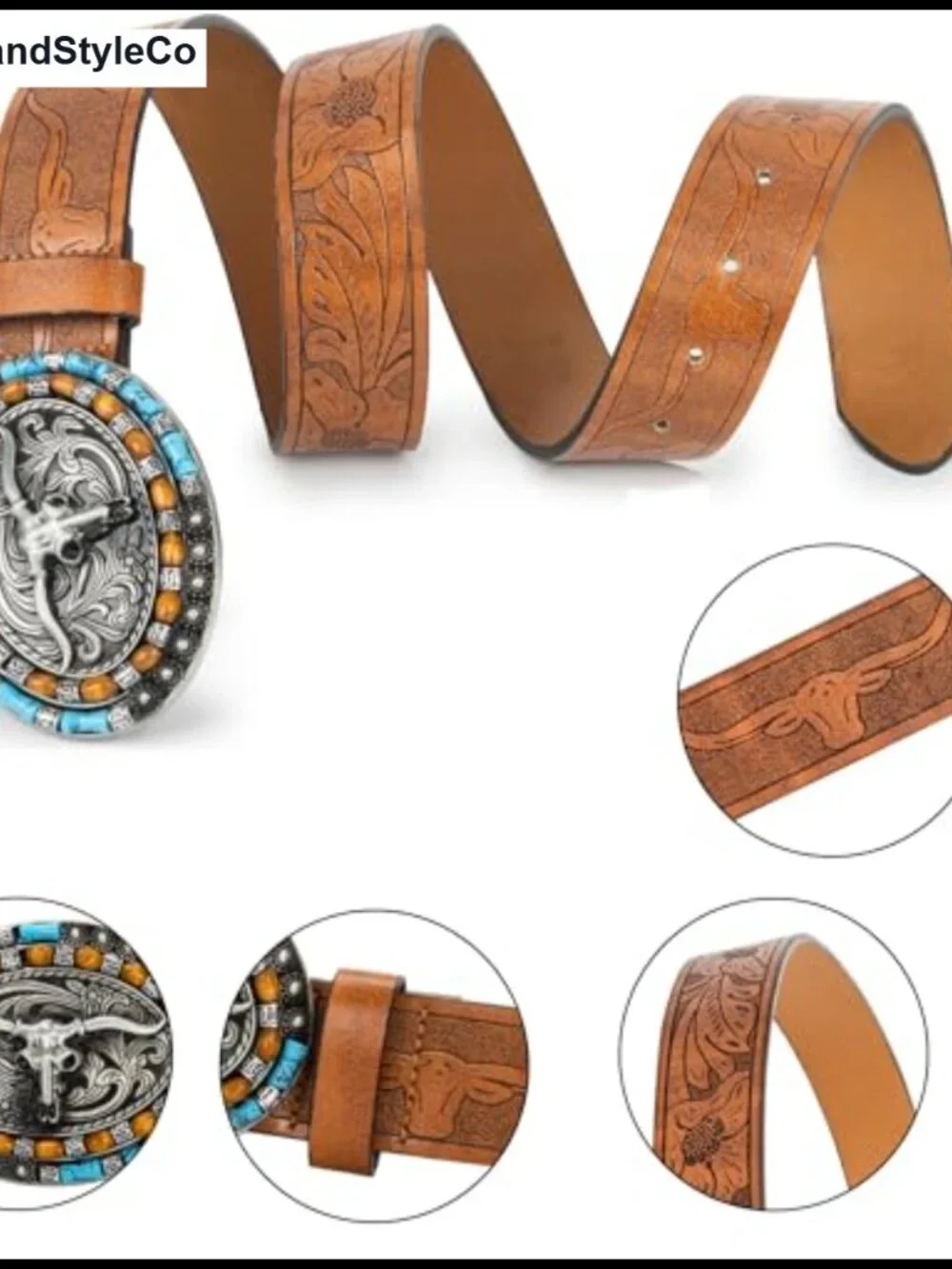 Western Cowboy Leather Belt with Turquoise Buckle for Women